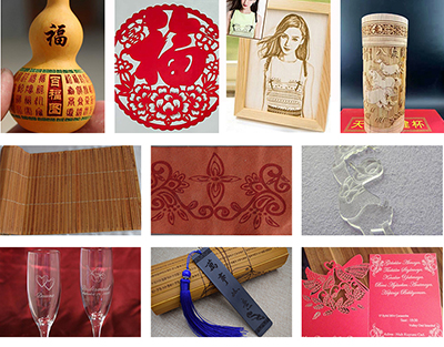wood, acrylic, wedding cards, bamboo, wine glass, cloth, gourd cutting samples, recommend use laser 